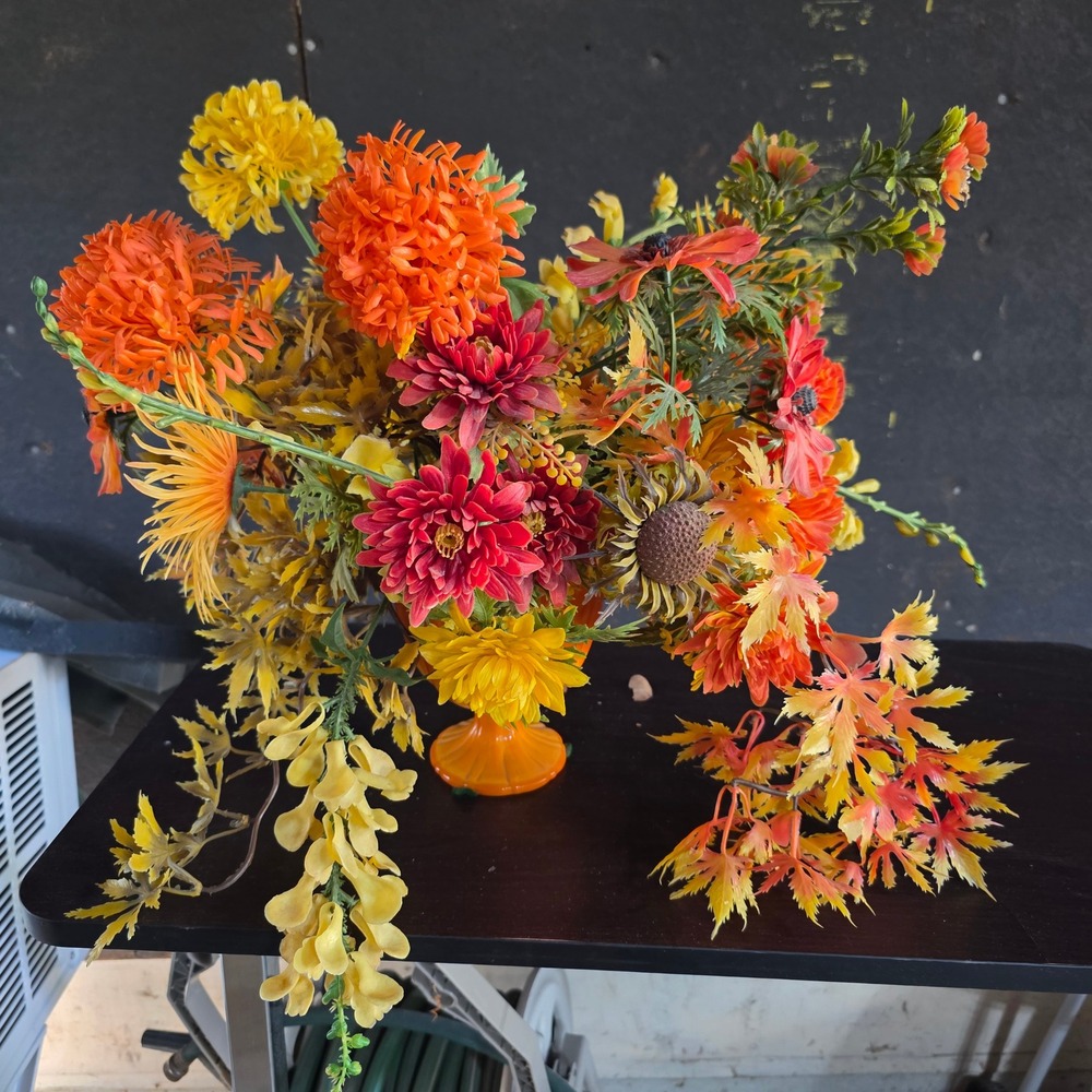 60s Plastic Flower Power Arrangement Orange Autumn Groovy in Slag Glass Vase